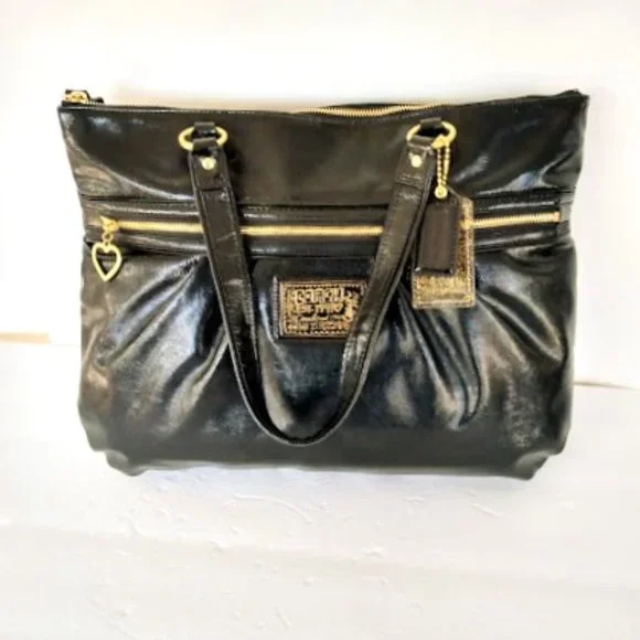 Coach Poppy Black Liquid Glam Patent Leather Tote - Picture 5 of 16